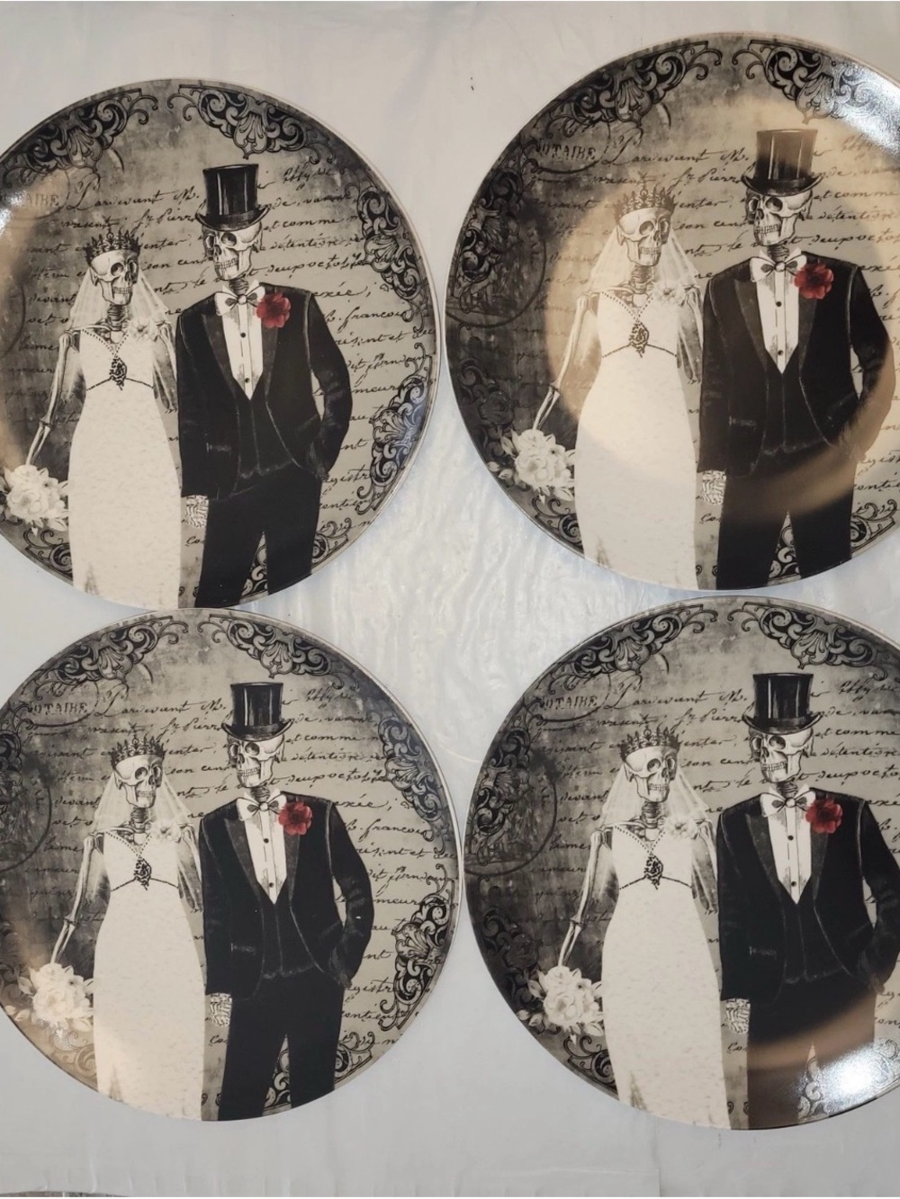 4 pk Harvest Green Studio Halloween Bride Groom Skeleton Dinner Plates Black NIB